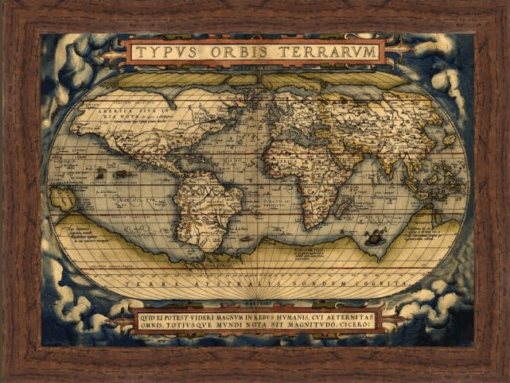 Старинна карта на света в дървена рамка – ретро декоративно пано с надпис Typus Orbis Terrarum