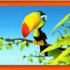 Анимационен тукан с цветна човка, седящ на клон сред зелени листа, на син фон с оранжева рамка.