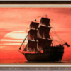 Картина в рамка, изобразяваща старинен ветроходен кораб, плаващ по море на фона на залязващо слънце с червено-оранжево небе