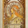 Картина „Зодиак“ – женски портрет в профил, обграден от зодиакални символи и флорални орнаменти в стил Ар Нуво. Топли златисто-кафяви тонове, поставена в светла рамка