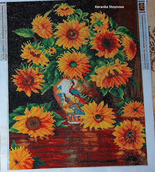 Диамантен Гоблен "Ваза със слънчогледи" - 40 x 50 см, Кръгли мъниста - Image 3