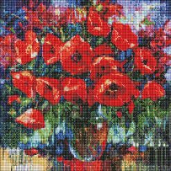 Диамантен Гоблен с Рамка "Букет от макове" - 40 x 40 см, Кръгли мъниста