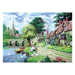 Рисуване по номера с акрилни бои 39x30 см – патици край реката и селска къщ