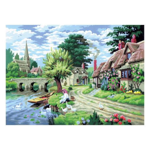 Рисуване по номера с акрилни бои 39x30 см – патици край реката и селска къщ