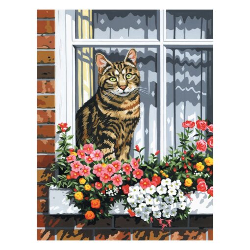 Рисуване по номера – котка на прозорец с цветя