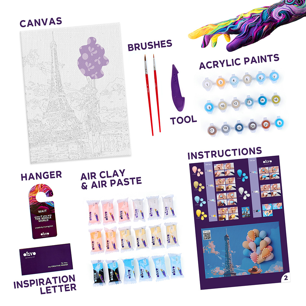 Творчески комплект за рисуване по номера с акрилни бои и 3D картина с лек моделин 30 х 40 см. - Поздрави от Париж - Image 3