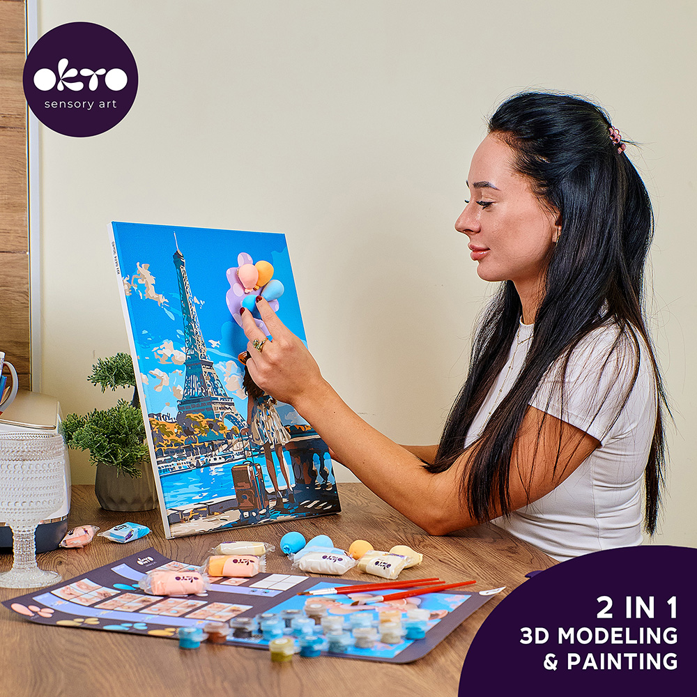 Творчески комплект за рисуване по номера с акрилни бои и 3D картина с лек моделин 30 х 40 см. - Поздрави от Париж - Image 8