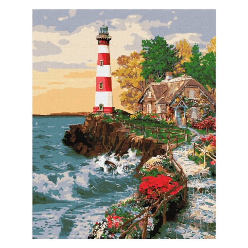 Рисуване по номера – фар на скалист бряг с къща и море, 40x50 см