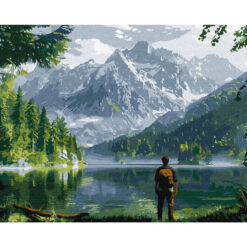 Рисуване по номера – турист край планинско езеро с величествени върхове, 40x50 см“