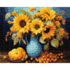 Рисуване по номера – слънчогледи в синя ваза с плодове, комплект върху платно