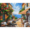 Рисуване по номера – крайбрежна улица с кафене и гледка към морето, 40x50 см