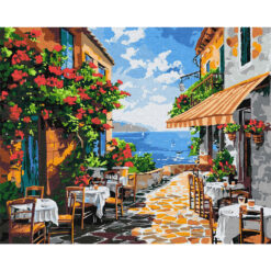 Рисуване по номера – крайбрежна улица с кафене и гледка към морето, 40x50 см