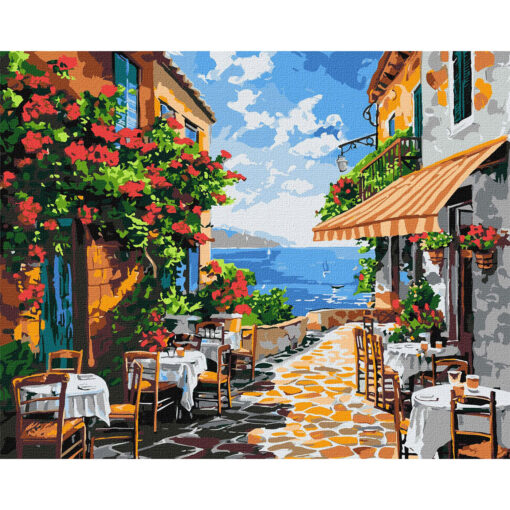 Рисуване по номера – крайбрежна улица с кафене и гледка към морето, 40x50 см