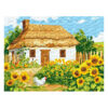 Рисуване по номера – селска къща с покрив от слама, двор с жълти слънчогледи и бяло петле, акрилни бои върху платно на подрамка, 30×40 см