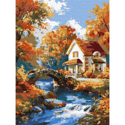 Рисуване по номера – къща край река с малък каменен мост сред есенна гора, акрилни бои върху платно на подрамка, 30×40 см