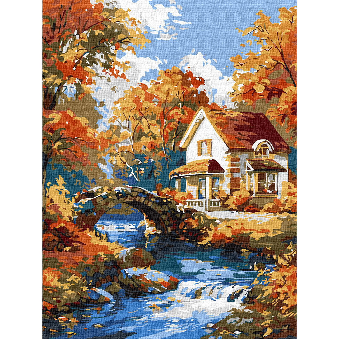 Рисуване по номера – къща край река с малък каменен мост сред есенна гора, акрилни бои върху платно на подрамка, 30×40 см