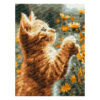 Рисуване по номера – оранжево котенце, което си играе с жълти полски цветя, акрилни бои върху платно на подрамка, 30×40 см