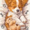 Рисуване по номера – спящо кученце с плюшено мече върху възглавница с лапички, акрилни бои върху платно на подрамка, 30×40 см