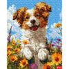 Рисуване по номера – усмихнато кученце сред цветна поляна с жълти и оранжеви цветя под синьо небе, акрилни бои върху платно на подрамка, 40×50 см