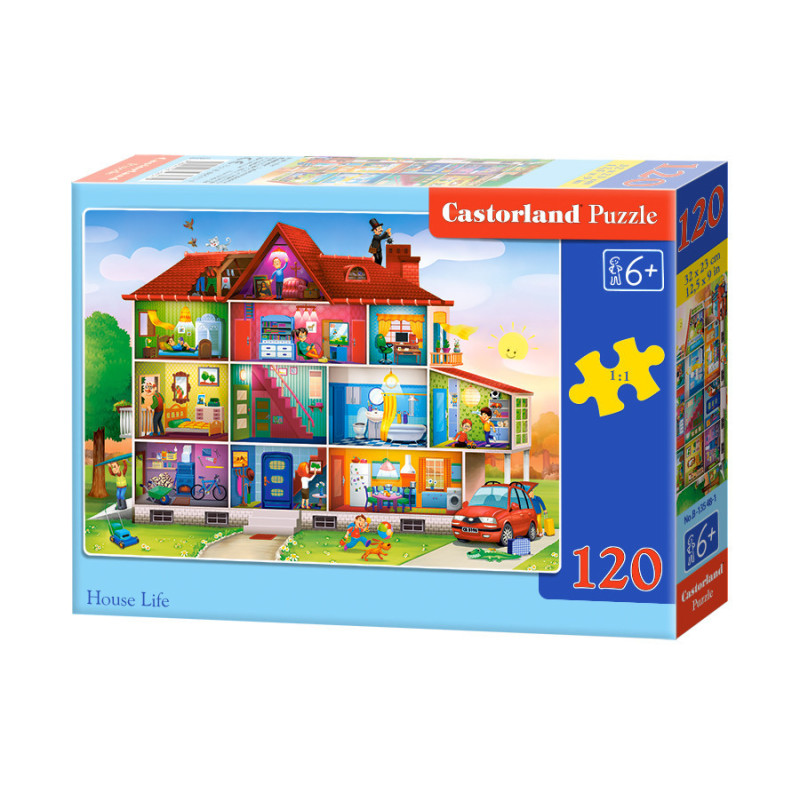 Детски пъзел Castorland от 120 части с илюстрация „House Life“, изобразяваща разрез на голяма къща с различни стаи и хора, които вършат домашни дейности.