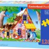 Детски пъзел Castorland от 120 части с илюстрация по приказката „Хензел и Гретел“, показваща шарена къщичка от сладкиши, децата и вещицата в пъстра горска сцена.