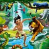 Детски пъзел Castorland от 120 части с илюстрация по „Книга за джунглата“, изобразяваща момче, лъв, тигър, слон и други животни в зелена джунгла с водопад