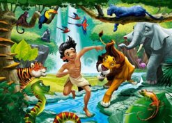 Детски пъзел Castorland от 120 части с илюстрация по „Книга за джунглата“, изобразяваща момче, лъв, тигър, слон и други животни в зелена джунгла с водопад