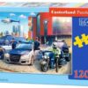 Детски пъзел Castorland от 120 части с илюстрация „Police Station“, изобразяваща полицейски служители, автомобили, мотор и хеликоптер пред модерна сграда на полицията.