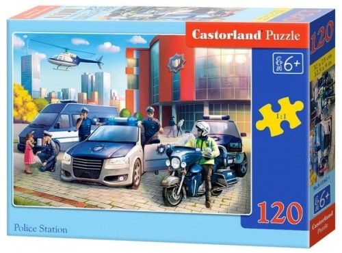 Детски пъзел Castorland от 120 части с илюстрация „Police Station“, изобразяваща полицейски служители, автомобили, мотор и хеликоптер пред модерна сграда на полицията.