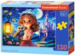 Детски пъзел Castorland от 120 части с илюстрация „Princess with Owl“, показваща малка принцеса, държаща бухалче пред приказен замък под лунна светлина