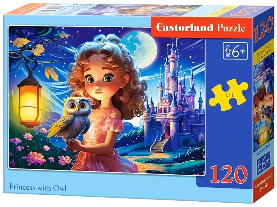 Детски пъзел Castorland от 120 части с илюстрация „Princess with Owl“, показваща малка принцеса, държаща бухалче пред приказен замък под лунна светлина