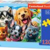 Детски пъзел Castorland от 120 части със забавна илюстрация „Pets Selfie“, изобразяваща кучета и котки, позиращи усмихнати сред цветя и зеленина