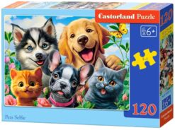 Детски пъзел Castorland от 120 части със забавна илюстрация „Pets Selfie“, изобразяваща кучета и котки, позиращи усмихнати сред цветя и зеленина