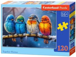 Детски пъзел Castorland от 120 части с илюстрация „Together Warmer“, изобразяваща четири шарени птички, седящи заедно на клон през зимата.