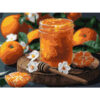 Рисуване по номера – буркан с мандаринов мед върху дървена дъска, заобиколен от мандарини, цвят и медена пръчка, акрилни бои върху платно на подрамка, 30×40 см
