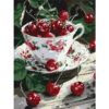 Рисуване по номера – порцеланова чаша с флорален мотив, пълна с череши, поставена върху чинийка и дървена маса, акрилни бои върху платно на подрамка, 30×40 см