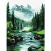 Рисуване по номера – планински пейзаж с борове, река и заснежени върхове в мъгла, акрилни бои върху платно на подрамка, 30×40 см