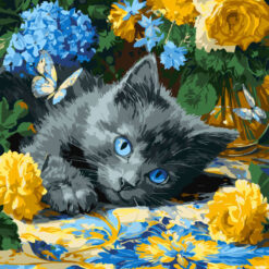 Рисуване по номера с акрилни бои върху платно на подрамка 40х40 см. - Синеоко коте