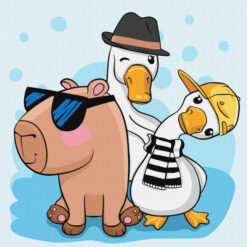 Рисуване по номера с акрилни бои върху платно на подрамка - 30 х 30 - Капибара с приятели