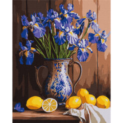 Рисуване по номера с акрилни бои върху платно на подрамка 40х50 см. - Ириси във ваза и лимони