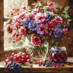 Рисуване по номера с акрилни бои върху платно на подрамка 40х40 см. - Букет и плодове