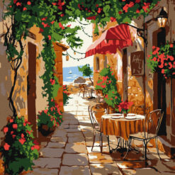 Рисуване по номера с акрилни бои върху платно на подрамка 30 х 30 см. - Кафе с винтидж мебели