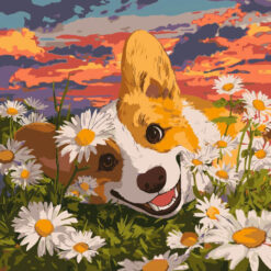 Рисуване по номера с акрилни бои върху платно на подрамка 40х40 см. - Корги в маргаритки