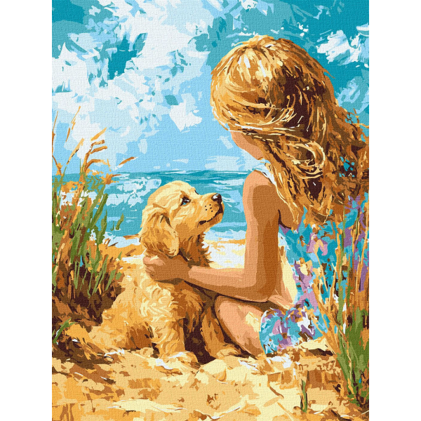 Рисуване по номера с акрилни бои върху платно на подрамка 30х40 см. - Щастливо куче